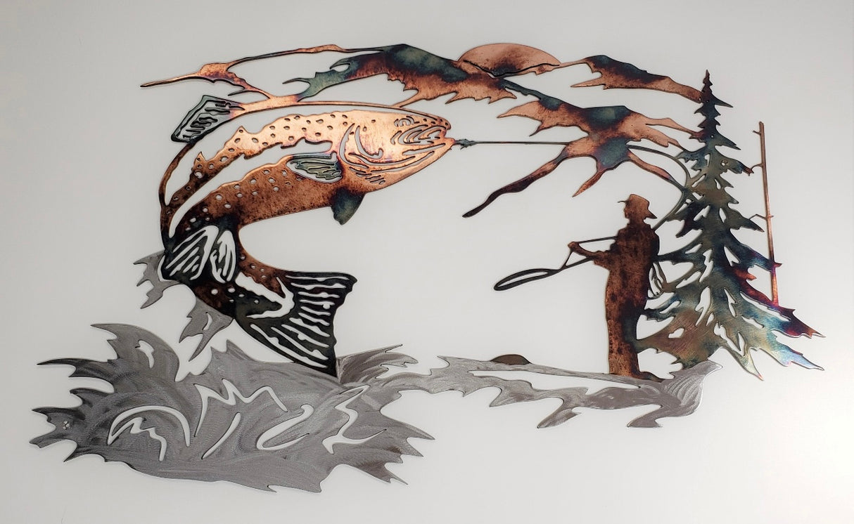 Metal Art Up at Dawn Trout Fishing Scene
